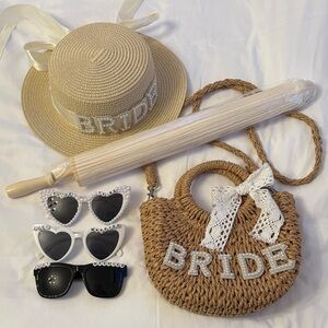 Bridal Accessories Bundle - Straw Hat, Raffia Bag, Sunglasses & Parasol